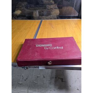 Domino by Cardinal Set of 28 Pieces Red Vinyl Case Ivory with Black Dots Dominos